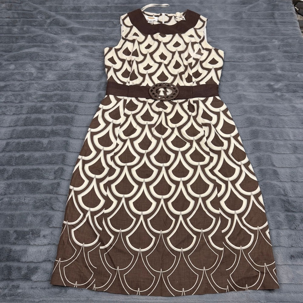 Talbots Brown Cream Linen Geometric Teardrop Sleeveless Sheath Dress Size 8